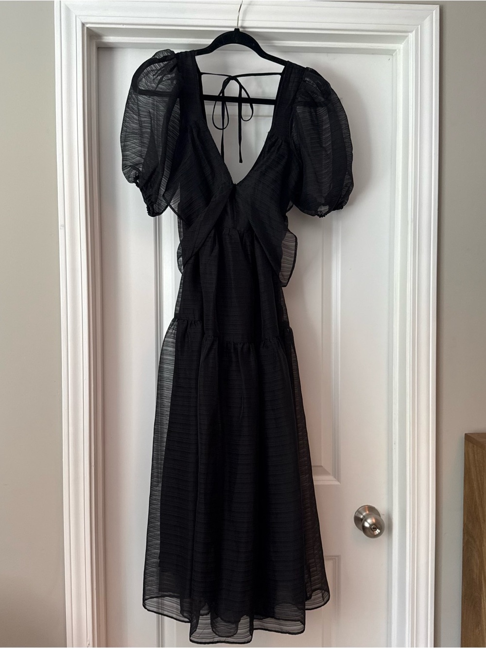 Free People Black Puff-Sleeve Midi Dress with V-Neck